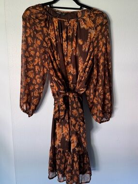Simply Vera Vera Wang Brown Floral Long Sleeve Tie-Waist Dress